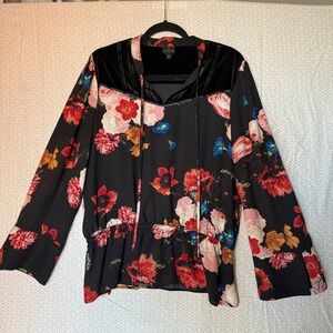 Worthington Black Floral Velvet‎ Trim Long Sleeve Peplum Blouse Women's XL